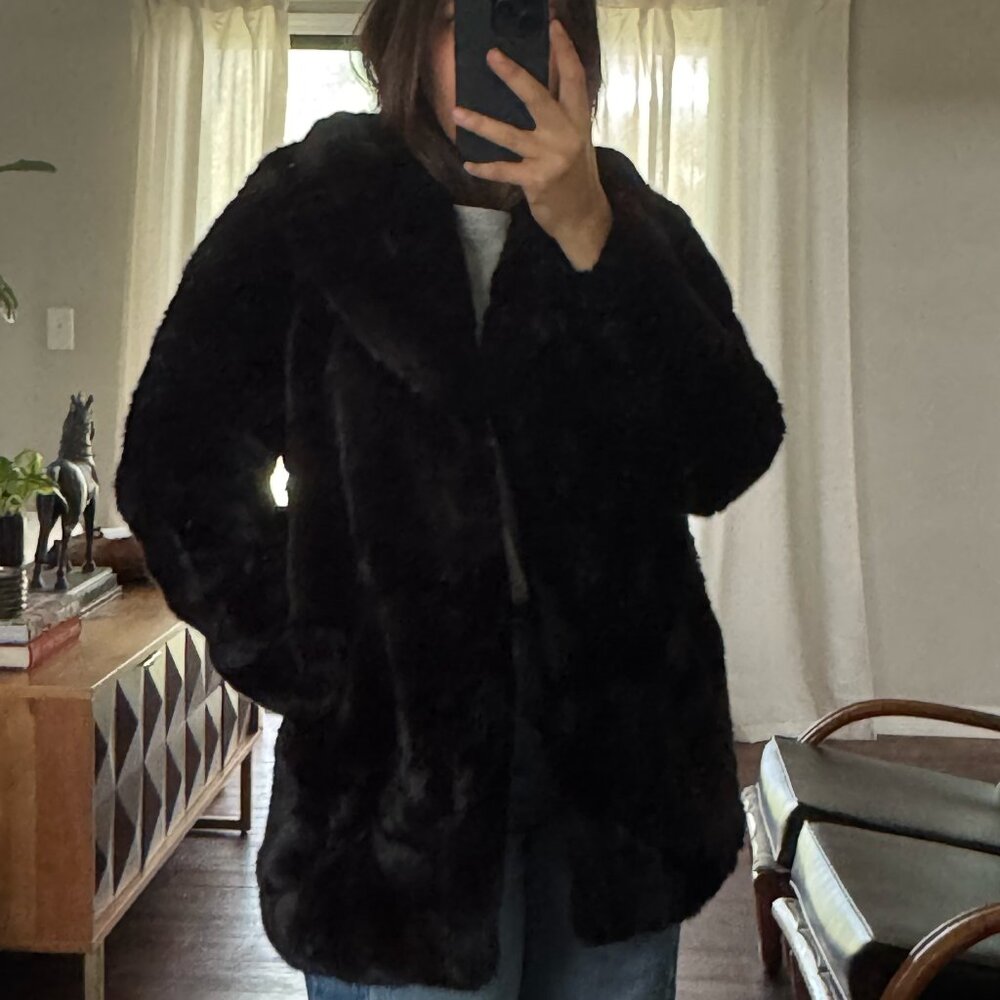 Zara Black Faux Fur Coat With Notched Lapel Collar Size Small